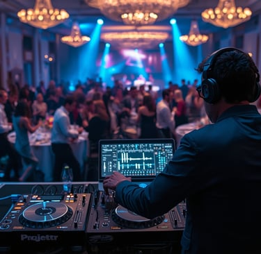 DJ profissional atuando em evento corporativo com pista elegante e iluminação moderna