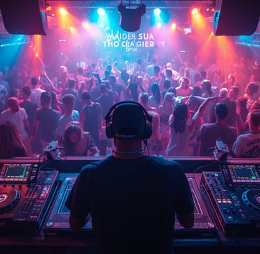 DJ profissional tocando set de Hip Hop, Reggae e Afrobeats com pista cheia e luzes vibrantes