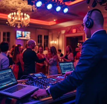 DJ profissional tocando em festa privada com convidados dançando e iluminação moderna