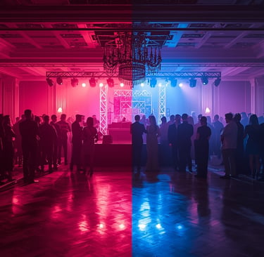 Comparação entre festa luxuosa vazia e festa simples cheia