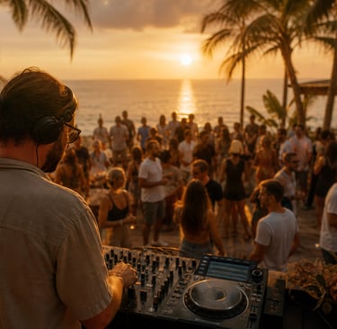 DJ iniciando set em festa ao pôr do sol com público chegando e ambiente leve