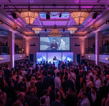 uma grande multidão de pessoas em pé em uma sala grande