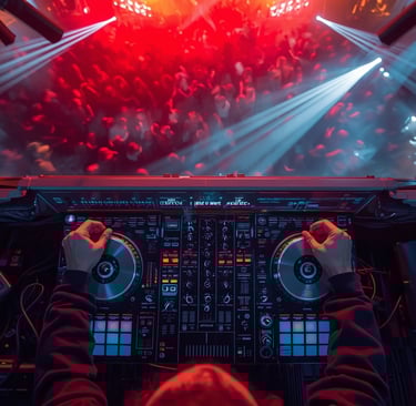 Um DJ mixando música em uma cabine de DJ. ao vivo