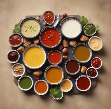 , Pictures showing a number of sauces, some cooked and some  Pasta in tomato sauce with fresh basil.