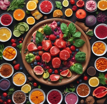 A rustic wooden table with a colorful bowl of fresh, vibrant salad featuring cherry tomatoes, sage leaves, and terracotta-hued peppers.