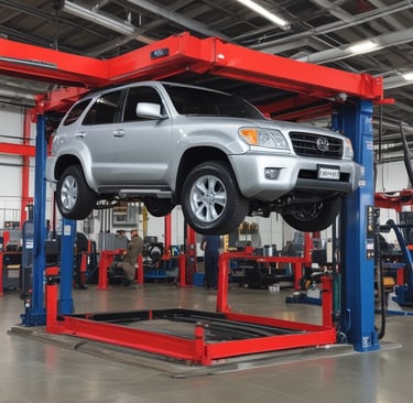 Front view of Bosch Service Toyomec workshop with Toyota vehicles being serviced.