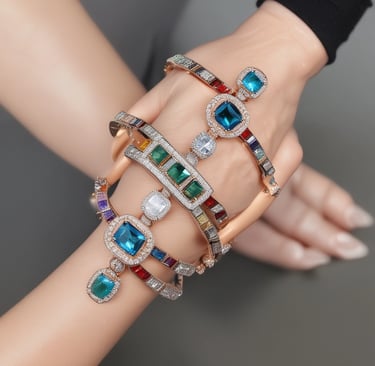 A trendy fashion necklace with colorful gemstones, draped over a rustic stone background.