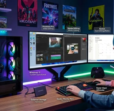 A gamer at a custom PC gaming setup with dual monitors, RGB lighting, and video editing software.