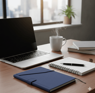 Modern home office desk with a laptop, planner, and steaming coffee mug by a window.