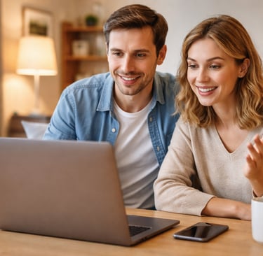 A smiling young couple sitting together in a living room while looking at a laptop screen.