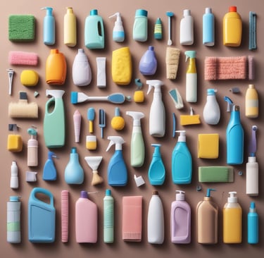 Close-up of eco-friendly cleaning products arranged neatly on a wooden shelf