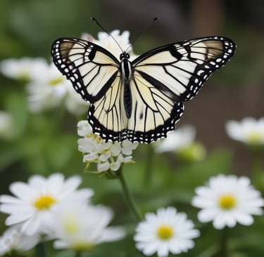 A yellow and black Paper Kite butterfly resting on white daisy flowers in a garden.