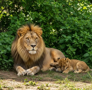 A male African lion with a large mane rests beside a small lion cub in front of green bushes.