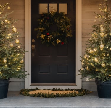 Two symmetrical Dollar General Christmas porch trees decorated with gold ornaments, bows, and a gree