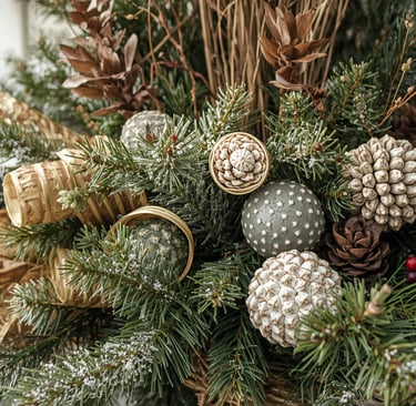 Holiday porch arrangement featuring conifers, white-painted branches, and silver-tinted pine cones i