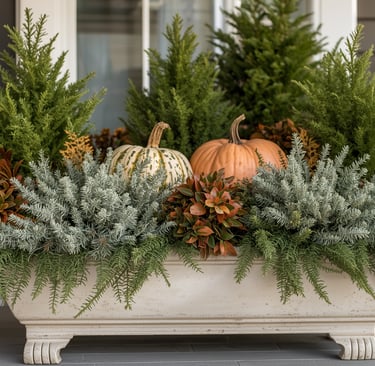 An autumn porch planter featuring warm-toned foliage, dried branches, and natural pine cones arrange