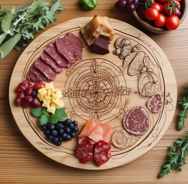 Metal kitchen utensils with personalized engravings laid out on a rustic wooden table