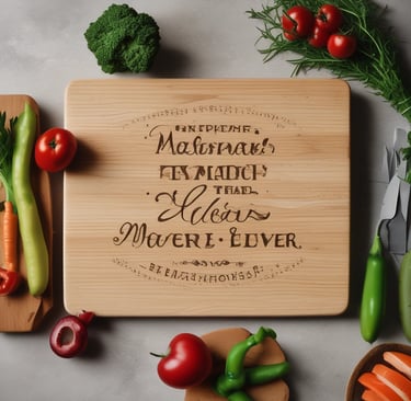 Rustic engraved charcuterie and cutting boards displayed on a kitchen countertop.
