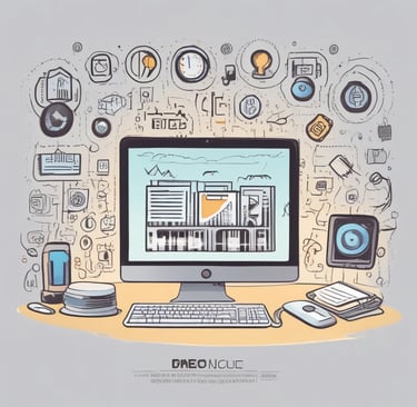 A sleek, modern workspace with a laptop displaying a vibrant web design, surrounded by notes and coffee.