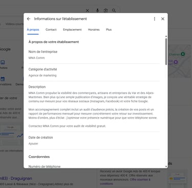 Capture d'écran du tableau de bord Google Business Profile montrant les options de validation pour u