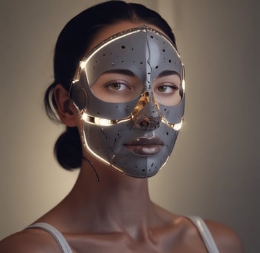 A flat lay of beauty tech gadgets and natural skincare products arranged on a light wooden surface with soft shadows.