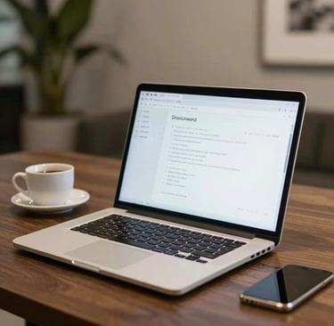 A sleek, modern workspace with a laptop displaying marketing analytics and AI graphics.