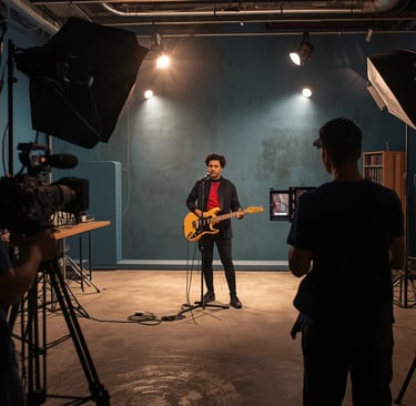 artista gravando videoclipe em estúdio com equipa de produção audiovisual profissional