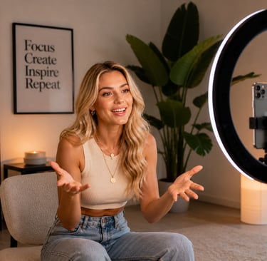 Criador gravando reels para Instagram com smartphone e iluminação em estúdio moderno