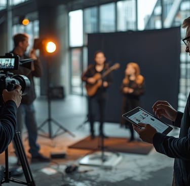 Planeamento de videoclipe profissional com equipa de produção e câmaras em set