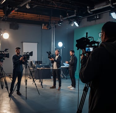 Equipa de produção audiovisual gravando vídeo profissional com câmaras e iluminação