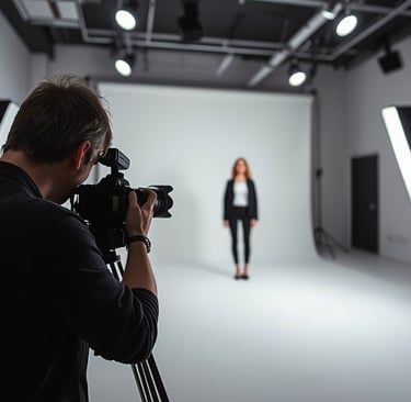 Fotógrafo profissional ajustando câmera durante sessão em estúdio moderno