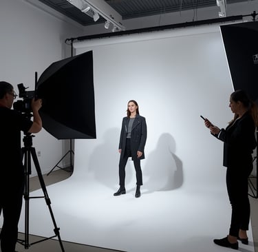 Ensaio fotográfico profissional em estúdio com fotógrafo e modelo durante sessão