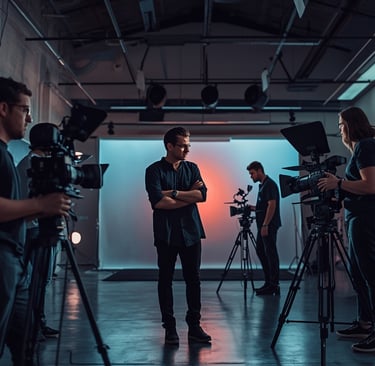 equipa de produção audiovisual preparando gravação com câmeras e iluminação profissional