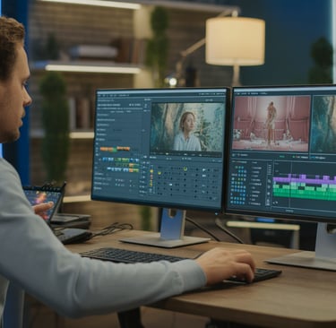 editor de vídeo trabalhando em software profissional com timeline aberta e monitores no estúdio