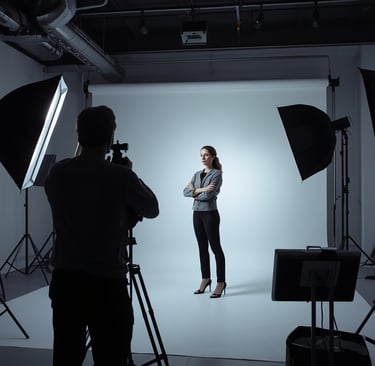 Sessão de ensaio fotográfico profissional em estúdio com iluminação cinematográfica