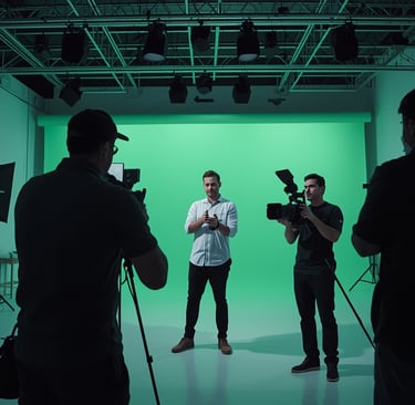 Equipa de produtora de vídeo em gravação profissional com câmaras e iluminação