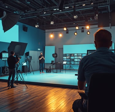 Estúdio audiovisual profissional com câmaras, iluminação e equipa em produção
