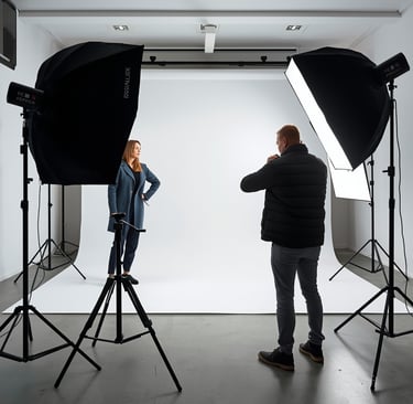 Estúdio fotográfico profissional moderno com iluminação e equipa em produção