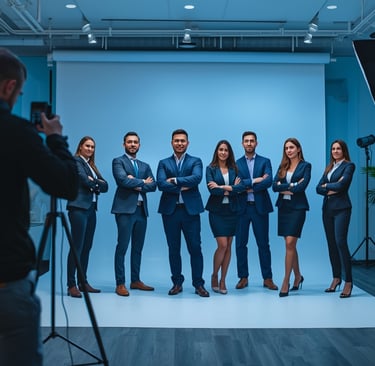 Sessão de fotografia corporativa com equipe empresarial em ambiente profissional