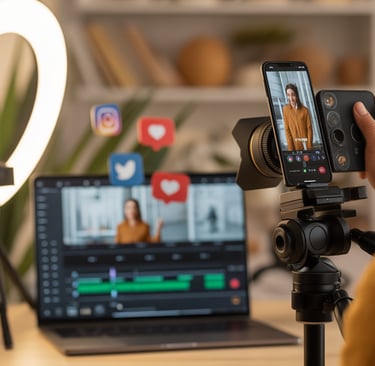 Produção de conteúdo audiovisual para redes sociais com criador gravando vídeos verticais