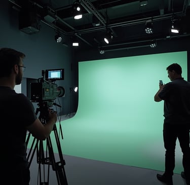 equipa de produtora audiovisual gravando vídeo profissional com câmeras e iluminação