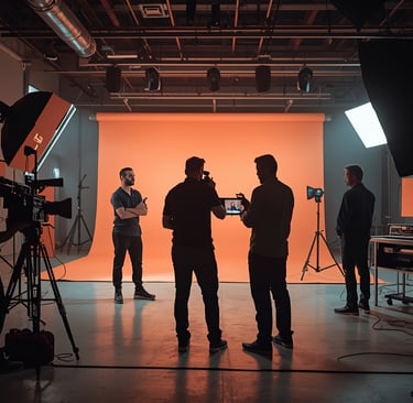 Equipa de produtora audiovisual em gravação com câmaras e iluminação profissional