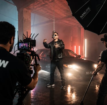 Produção de videoclipe profissional com equipa e artista em gravação com iluminação e câmera