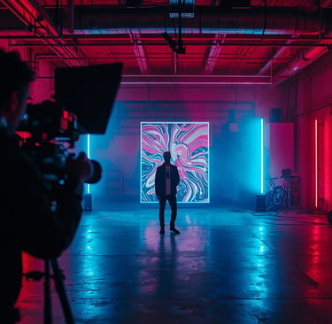 Artista a gravar videoclipe moderno com iluminação criativa no Norte de Portugal