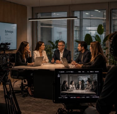 Produção de vídeo empresarial com equipa gravando conteúdo corporativo em ambiente profissional