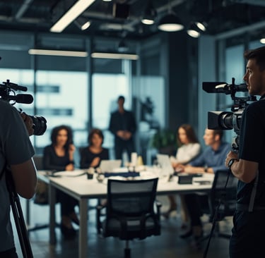 Produção de vídeo institucional com equipa gravando conteúdo corporativo em escritório moderno