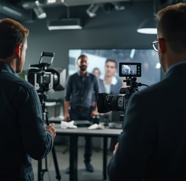 Produção de vídeo institucional com equipa filmando empresa em ambiente corporativo