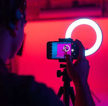 Criador gravando vídeos para TikTok com smartphone e iluminação profissional