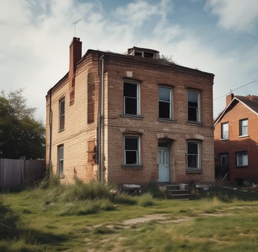 a dilapidated house in a field
