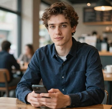 A portrait of a confident, calm young adult in a modern North American cafe setting, holding a smartphone. The background is softly blurred. Lighting is natural and optimistic. Colors: Dark Navy, Steel Blue, and Off White.